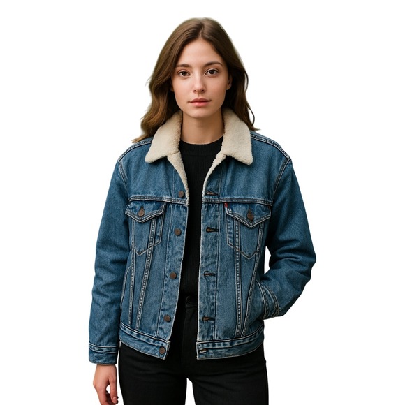 Levi's Women's XS Denim Trucker Jacket with Faux Sherpa Collar Blue Jean - Picture 1 of 5